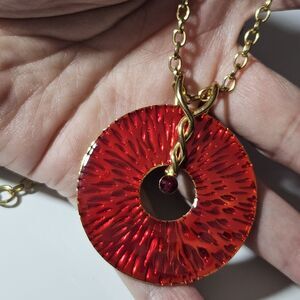 Gold Tone Red Enamel Circular Pendant With Red Rhinestone Accent Necklace 16 To
